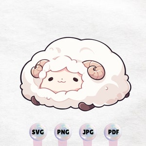 May include: A cartoon illustration of a white fluffy sheep with brown curled horns. The sheep has a cute, smiling face with closed eyes.