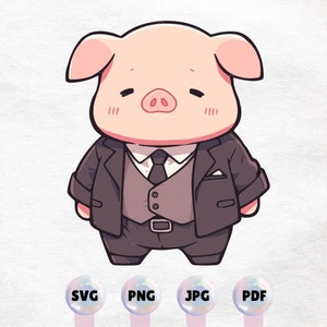 Kawaii Piggy indossa un tailleur Graphic - Cute Animal Clipart. Download istantaneo di alta qualità PNG, SVG, JPG - Elemento di design stampabile