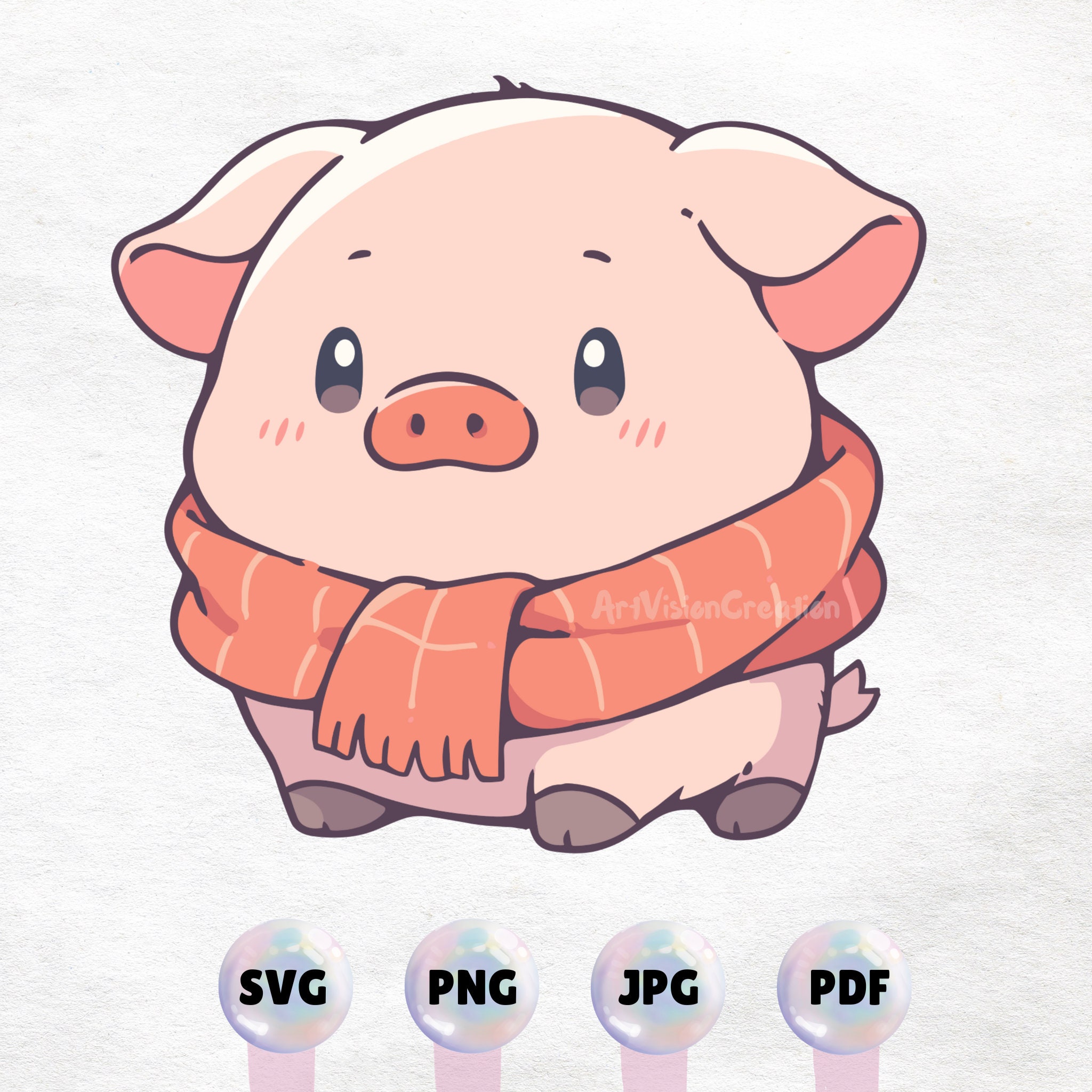 Kawaii Piglet With Scarf Clipart - High Quality Instant Download