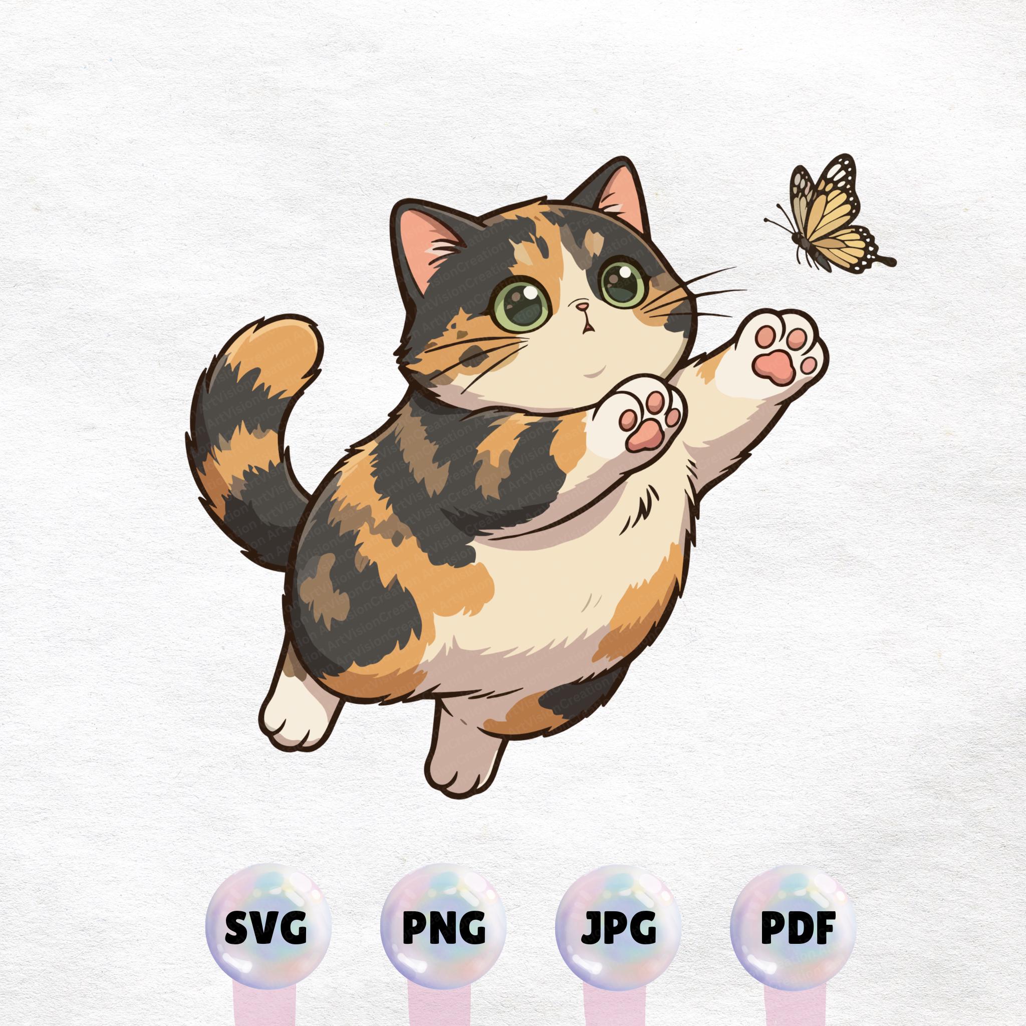 Kawaii Tortoiseshell Cat Clipart – Calico Kitten, Butterfly (digital ...