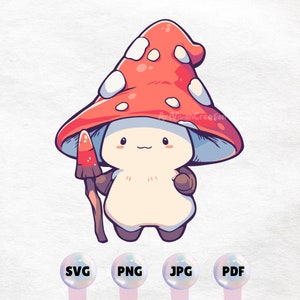 かわいい赤いキノコの生き物 - ファンタジーイラスト - かわいい菌類のクリップアート - 即時ダウンロード