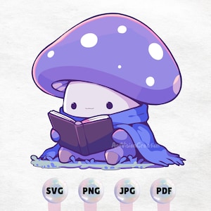 Kawaii Pilz Kreatur, die ein Buch liest Clipart - hohe Qualität, sofortiger Download, kommerzielle Nutzung, druckbares Design