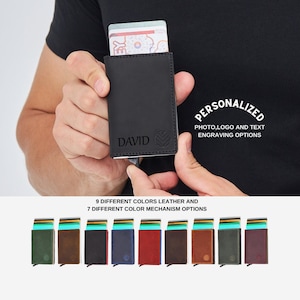 Portafoglio pop-up sottile e minimalista personalizzato in vera pelle, regalo di anniversario, scrittura a mano incisa personalizzata, porta carte unisex con tasca frontale