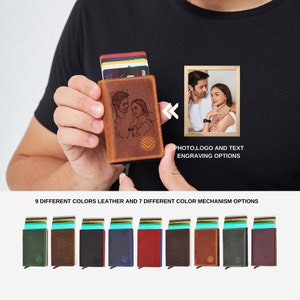 Personalized Fathers Day Gifts, Minimalist Slim Pop Up Leather Wallet, Black, Tan, Gray, Red, Green, Brown  Card Holder, Photo Engraved