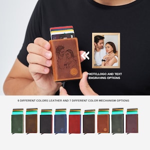 Portefeuille en cuir pop-up mince minimaliste unisexe personnalisé, noir, marron, beige, gris, rouge, vert, porte-cartes, photogravé, portefeuille gravé