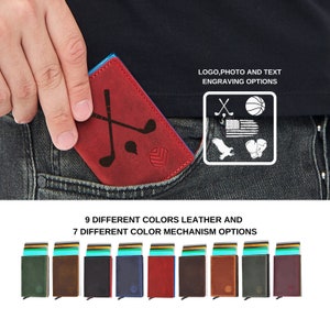 Regalo personalizado para el día de San Valentín, billetera emergente para tarjetas de crédito, billetera de cuero minimalista en rojo, azul y negro, billetera de cuero con bolsillo frontal