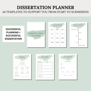 May include: A set of printable dissertation planner templates in a minimalist style with green accents. The templates include sections for ideas, outlines, weekly planning, a calendar, and key dates.