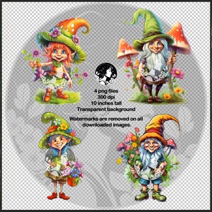 Green Female Gnomes PNG Sublimation Design, 4 Adorable Cartoon Girl Gnomes Adorned in Green with Mushrooms & Flowers, Instant PNG Downloads