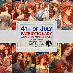Dame patriotique du 4 juillet - Style Art nouveau d'Alphonse Mucha, 16 dames gracieuses en rouge blanc et bleu célébrant le jour de l'indépendance, Télécharger