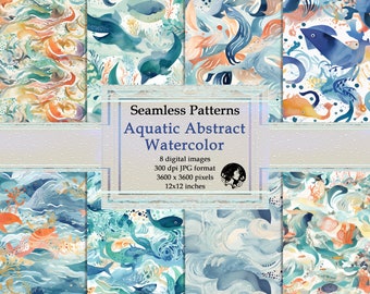 Watercolor Ocean Digital Paper: Abstract Sea Creatures, Seamless Patterns (Digital Download)