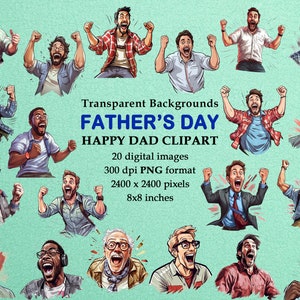 Father&#39;s Day Happy Dad Clipart - 20 Joyful PNG Images with Transparent Backgrounds, Unique DIY Father&#39;s Day Cards, Prints, Instant Downloads