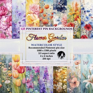 Bundle mit 125 Pinterest Pin empfohlene Größe Hintergründe, Blumengarten - Aquarell Stil, Perfektes Verhältnis 2:3, 1000x1500px, Sofort Download