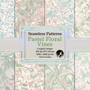Pastel Floral Vines Digital Paper Seamless Background Patterns – Elegant Vines, Blooms, Leaves, Branches - Instantly Download Images & Print