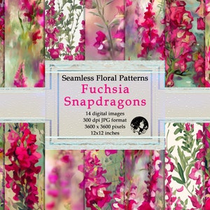 Fuchsia Snapdragons Floral Digital Paper: Impressionist Seamless Patterns (Digital Download)