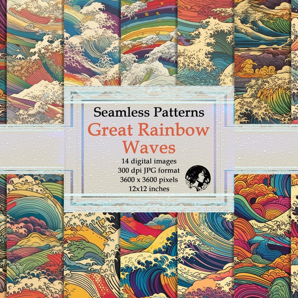 Great Rainbow Waves Digital Paper - Seamless Patterns Inspired by Hokusai's Masterpiece The Great Wave off Kanagawa - Instant Downloads