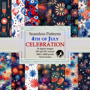 4th of July Celebration Seamless Patterns - Patriotic Fireworks Display, Red White & Blue, Independence Day Digital Paper - Instant Download