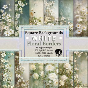 Arrière-plans carrés de bordures florales blanches - mariages, douches nuptiales, invitations élégantes, annonces sereines, cartes gracieuses et scrapbooking