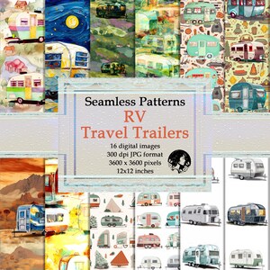 Travel Trailers Digital Paper Seamless Patterns - RV Camper Designs Inspired by Artists, Watercolors, Abstract, Realistic - Instant Download