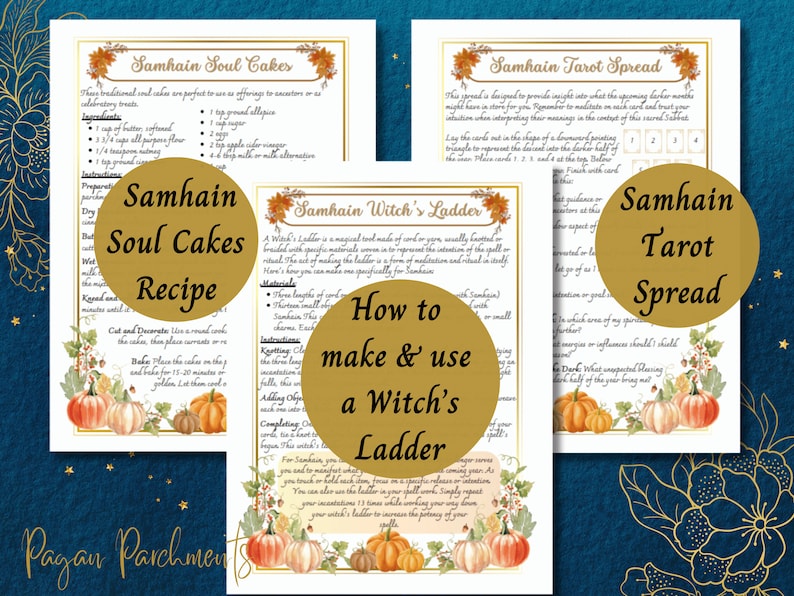 May include: Three printable cards with autumnal designs and text. The first card is a recipe for Samhain Soul Cakes. The second card is a guide to making and using a Witch's Ladder. The third card is a tarot spread for Samhain.
