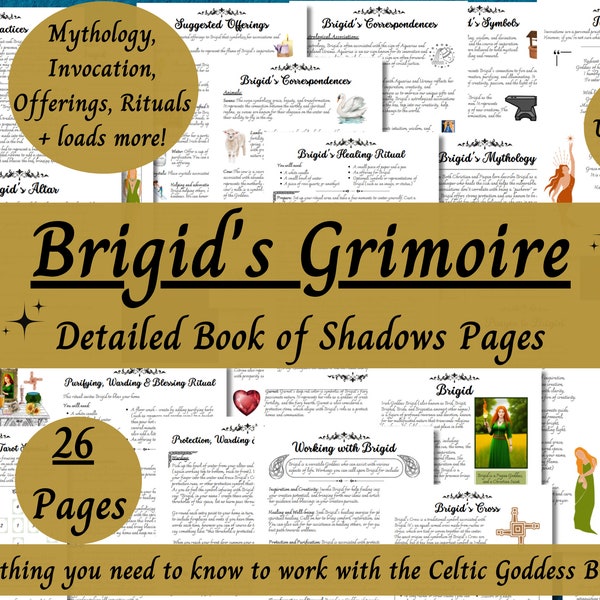 Brigid Grimoire Printable, Witch's Guide to Working with Celtic Goddess Brigit, Book of Shadows Pages, Pagan, Druid, Deity Devotional PDF