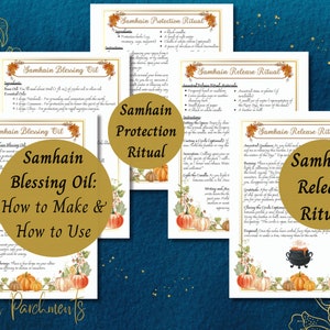 May include: Four printable pages with instructions for Samhain rituals, including a protection ritual, a release ritual, and a blessing oil recipe. The pages feature a watercolor style with pumpkins and fall foliage.