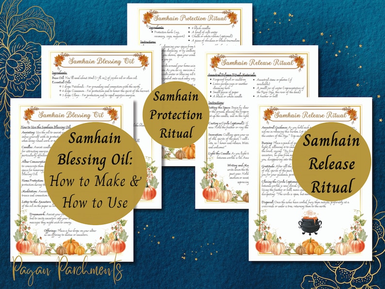 May include: Four printable pages with instructions for Samhain rituals, including a protection ritual, a release ritual, and a blessing oil recipe. The pages feature a watercolor style with pumpkins and fall foliage.