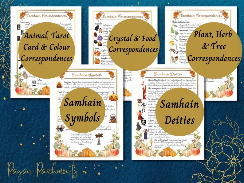 May include: Five printable pages with information about the Celtic holiday Samhain. The pages are decorated with pumpkins, leaves, and other autumnal imagery. The pages include information about animal, tarot, and color correspondences, crystal and food correspondences, plant, herb, and tree correspondences, Samhain symbols, and Samhain deities.