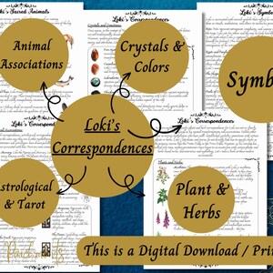 May include: Printable guide to Loki's correspondences, featuring a gold circle with the text "Loki's Correspondences" in the center. The guide includes sections on animal associations, crystals and colors, symbols, astrological and tarot correspondences, and plants and herbs.