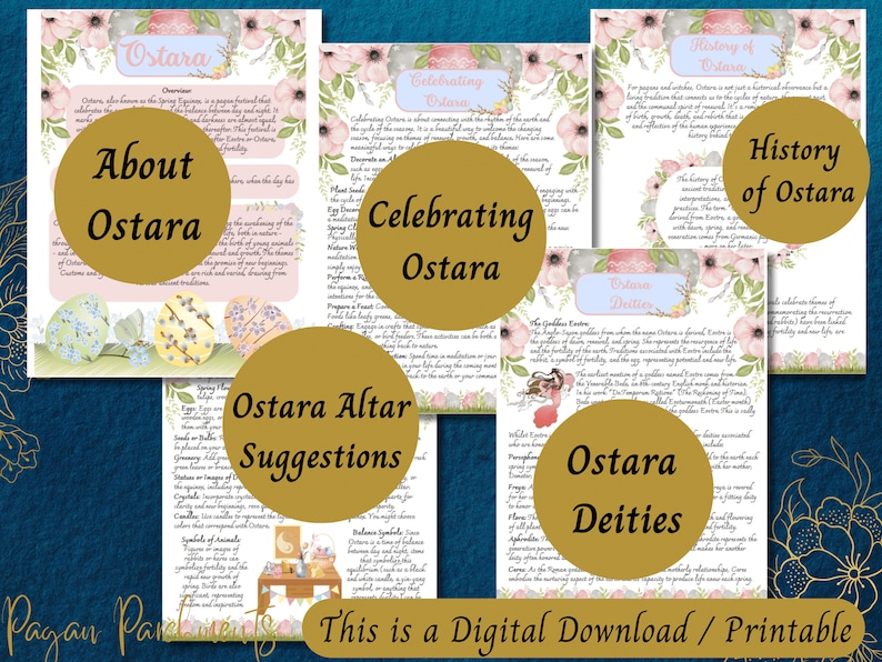 May include: Printable guide to celebrating Ostara, a pagan festival that marks the spring equinox. The guide includes information about the history, deities, and traditions of Ostara, as well as suggestions for creating an altar.