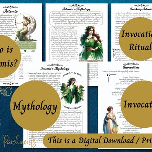 K&ouml;nnte beinhalten: Druckbarer digitaler Download eines Leitfadens zur griechischen G&ouml;ttin Artemis. Der Leitfaden enth&auml;lt Informationen &uuml;ber ihre Mythologie, Anrufungen und Rituale. Die Seiten zeigen Illustrationen von Artemis in verschiedenen Posen.