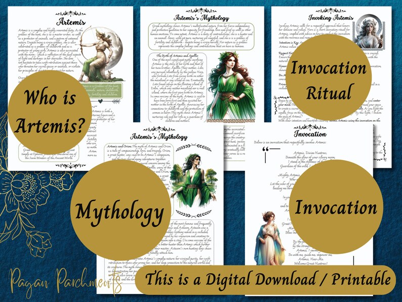 K&ouml;nnte beinhalten: Druckbarer digitaler Download eines Leitfadens zur griechischen G&ouml;ttin Artemis. Der Leitfaden enth&auml;lt Informationen &uuml;ber ihre Mythologie, Anrufungen und Rituale. Die Seiten zeigen Illustrationen von Artemis in verschiedenen Posen.