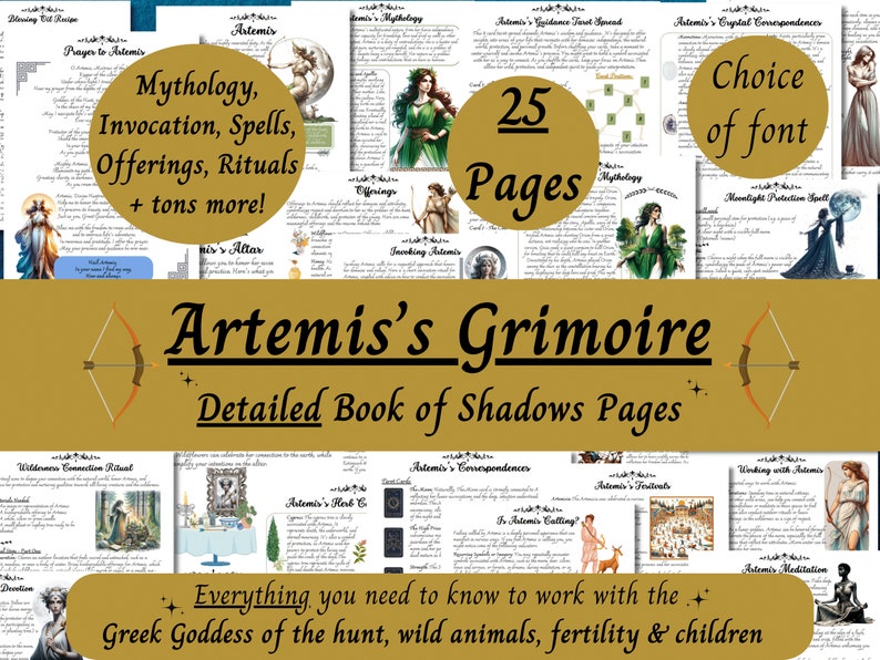 K&ouml;nnte beinhalten: Ein digitaler, druckbarer Schattenbuch f&uuml;r Artemis, die griechische G&ouml;ttin der Jagd, der wilden Tiere, der Fruchtbarkeit und der Kinder. Das Buch umfasst 25 Seiten mit Informationen &uuml;ber Artemis' Mythologie, Anrufungen, Zauberspr&uuml;che, Opfergaben, Rituale und mehr. Das Cover zeigt einen goldenen Hintergrund mit Pfeil und Bogen und den Titel "Artemis' Grimoire: Detailliertes Buch der Schattenseiten".
