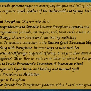 Op de afbeelding: Printbare grimoire-pagina's met informatie over de Griekse godin Persephone. Bevat secties over haar mythologie, symbolen en hoe je met haar kunt werken.