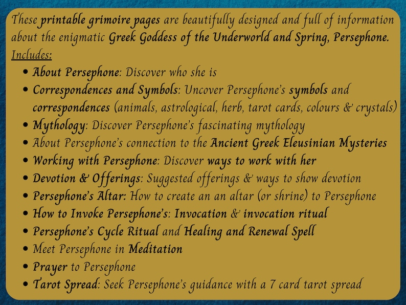 Op de afbeelding: Printbare grimoire-pagina's met informatie over de Griekse godin Persephone. Bevat secties over haar mythologie, symbolen en hoe je met haar kunt werken.
