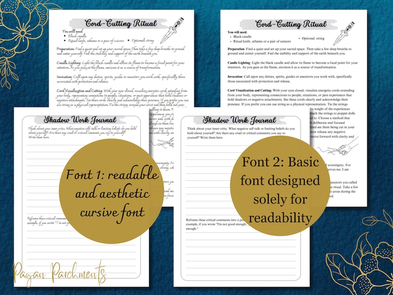 May include: Two printable pages with instructions for a "Cord-Cutting Ritual" and a "Shadow Work Journal". The pages feature a cursive font with a decorative border and the text "Pagan Parchments".