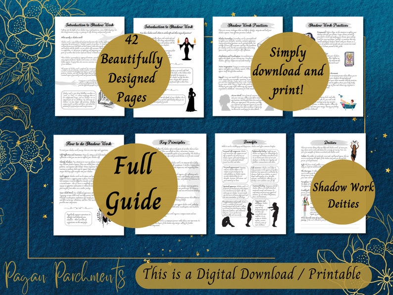 May include: A digital download printable guide to shadow work with 42 beautifully designed pages. The guide includes sections on introduction to shadow work, how to do shadow work, key principles, benefits, deities, and practices. The guide features illustrations of a witch, a bath, and a tarot card.