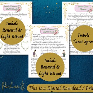 May include: Printable digital download of a tarot spread and ritual for the Imbolc holiday. The spread is called "Imbolc Tarot Spread" and the ritual is called "Imbolc Renewal & Light Ritual". The background is a watercolor design with pink and blue flowers.