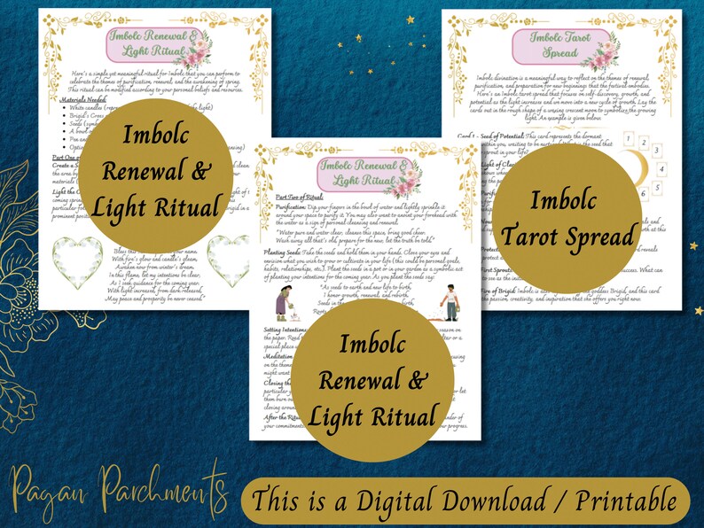 May include: Printable digital download of a tarot spread and ritual for the Imbolc holiday. The spread is called "Imbolc Tarot Spread" and the ritual is called "Imbolc Renewal & Light Ritual". The background is a watercolor design with pink and blue flowers.
