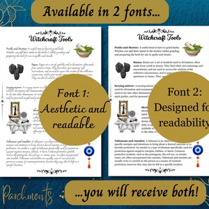 May include: Two pages of a printable guide to witchcraft tools, with illustrations and text. The guide is available in two fonts: one aesthetic and readable, and one designed for readability. The text includes the names of the tools, such as "pestle and mortar", "scrying mirror", "runes", and "talismans and amulets". The guide is titled "Witchcraft Tools" and is from "Pagan Parchments".