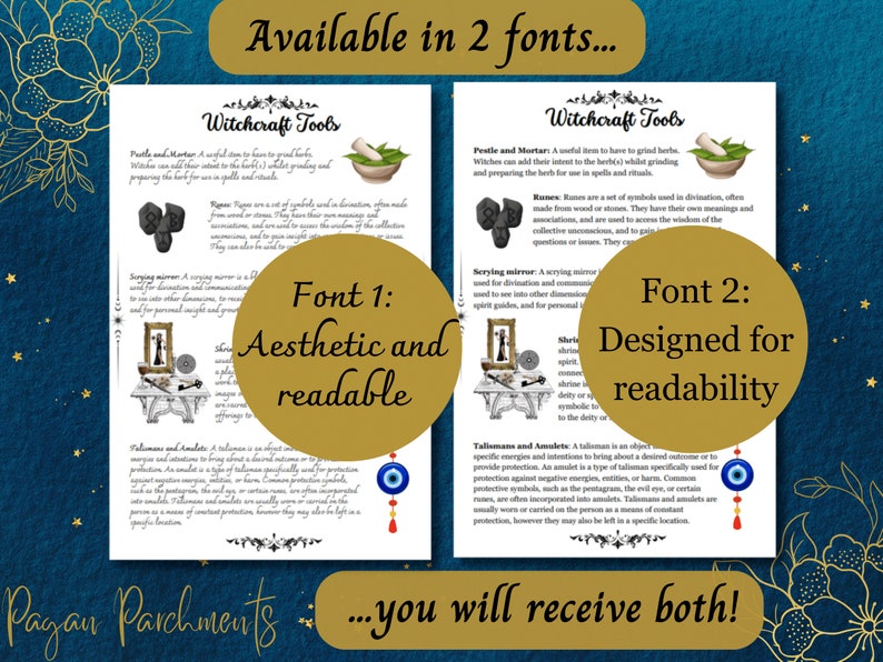 May include: Two pages of a printable guide to witchcraft tools, with illustrations and text. The guide is available in two fonts: one aesthetic and readable, and one designed for readability. The text includes the names of the tools, such as "pestle and mortar", "scrying mirror", "runes", and "talismans and amulets". The guide is titled "Witchcraft Tools" and is from "Pagan Parchments".