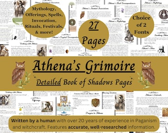 アテナ・グリモア印刷可能：ギリシャの女神の影の書ページPDF、異教の神、ギリシャの魔女