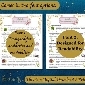 May include: Two printable digital downloads of a plant and herb correspondences chart for the Imbolc holiday. The chart lists plants and herbs associated with the holiday and their magical properties. The left chart uses a decorative font, while the right chart uses a more readable font.