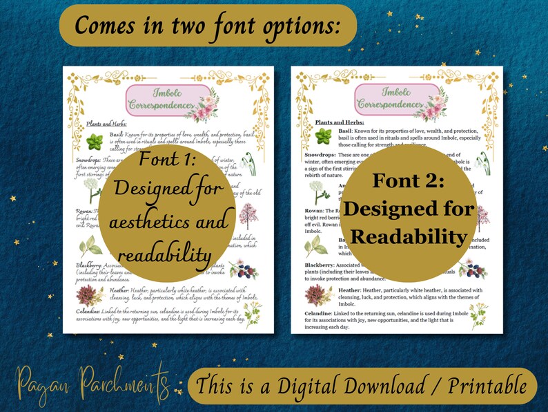May include: Two printable digital downloads of a plant and herb correspondences chart for the Imbolc holiday. The chart lists plants and herbs associated with the holiday and their magical properties. The left chart uses a decorative font, while the right chart uses a more readable font.