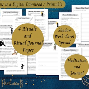 May include: A digital download of printable pages for shadow work, tarot spreads, and meditation journaling. The pages feature a gold and white colour scheme with illustrations and text. The text includes "4 Rituals and Ritual Journal Pages", "Shadow Work Tarot Spread", and "Meditation and Journal".