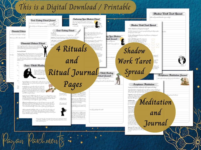 May include: A digital download of printable pages for shadow work, tarot spreads, and meditation journaling. The pages feature a gold and white colour scheme with illustrations and text. The text includes "4 Rituals and Ritual Journal Pages", "Shadow Work Tarot Spread", and "Meditation and Journal".