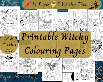Printable Witchy Colouring Pages, Witch coloring PDF, Simple easy-to-color fun designs for teens and adults, Pagan Witchcraft
