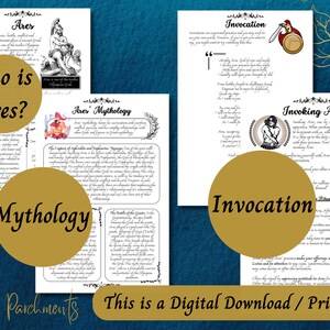 Może przedstawiać: Drukowany plik do pobrania cyfrowego z przewodnikiem po greckim bogu Ares, zawierający informacje o jego mitologii, inwokacjach i rytuałach. Przewodnik jest utrzymany w kolorystyce złotej i białej z ozdobną ramką.