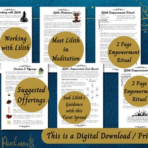 K&ouml;nnte beinhalten: Eine Sammlung druckbarer digitaler Downloads mit Text und Illustrationen. Die Titel lauten "Working with Lilith", "Meet Lilith in Meditation", "Suggested Offerings" und "Lilith's Empowerment Ritual". Der Text "This is a Digital Download / Printable" ist ebenfalls sichtbar.