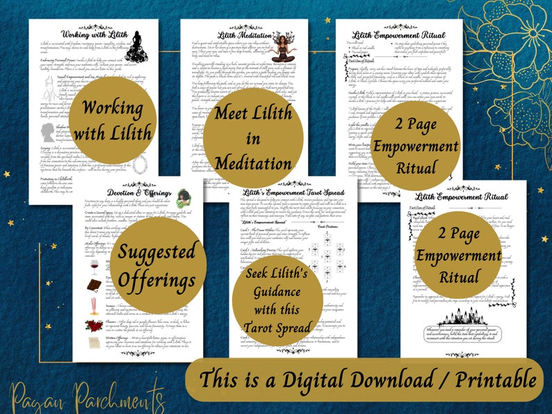 K&ouml;nnte beinhalten: Eine Sammlung druckbarer digitaler Downloads mit Text und Illustrationen. Die Titel lauten "Working with Lilith", "Meet Lilith in Meditation", "Suggested Offerings" und "Lilith's Empowerment Ritual". Der Text "This is a Digital Download / Printable" ist ebenfalls sichtbar.