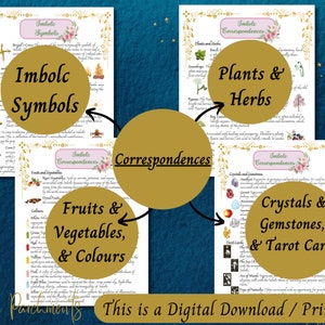 May include: A printable guide to Imbolc correspondences, featuring symbols, plants and herbs, fruits and vegetables, colors, crystals and gemstones, and tarot cards. The guide is decorated with floral illustrations and a gold background.